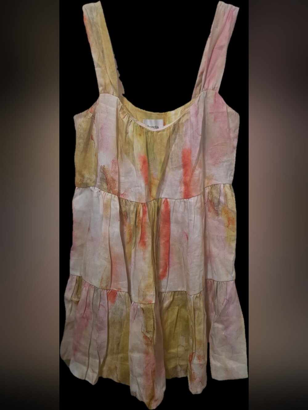 Aureta Watercolor Tie-Dye Dress in Pastel Yellow, Green & Coral